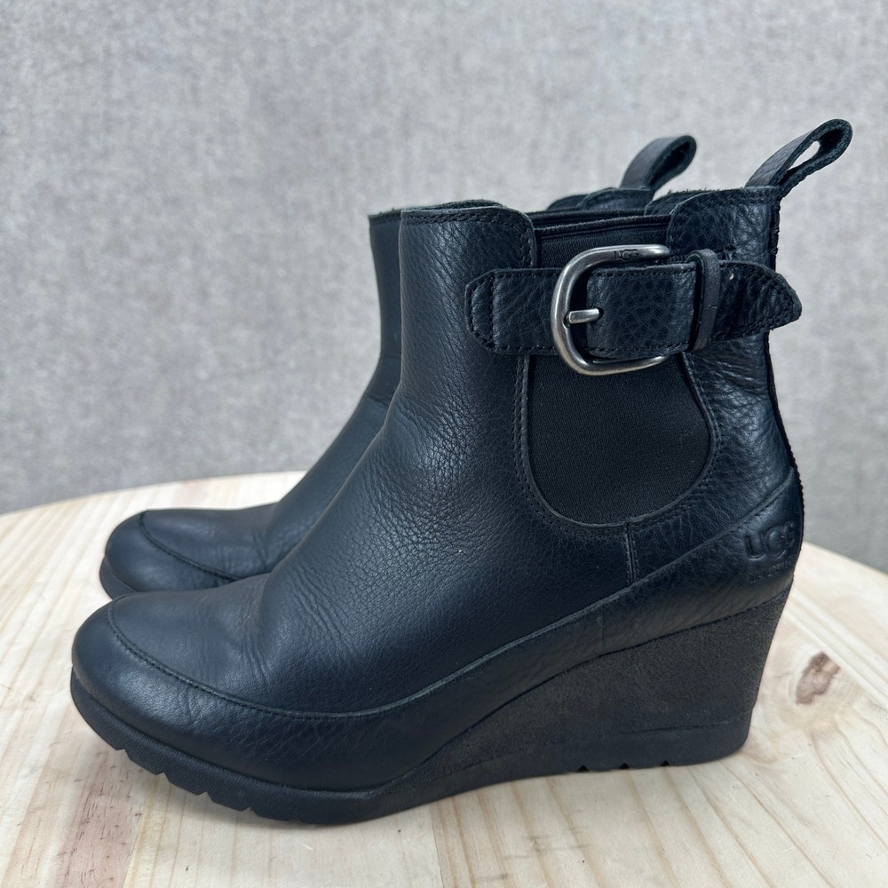 UGG Arleta Wedge Booties Womens 7.5 Black Leather Waterproof Buckle Ankle Boots